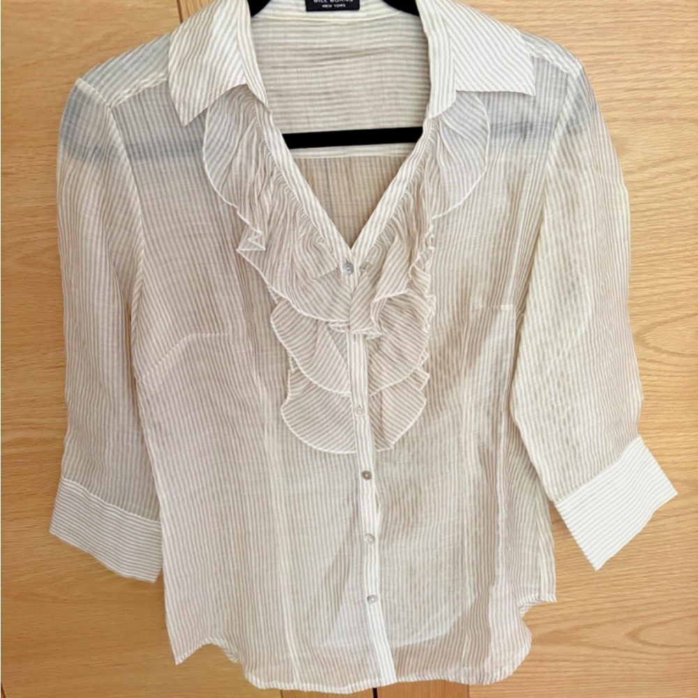 Women’s Bill Burns New York Button Down Neutral Ruffle Blouse - Size S